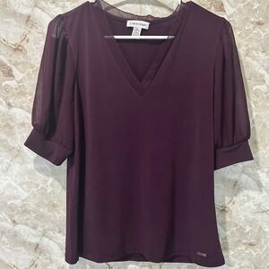Calvin Klein Blouse Top XS Extra Small Sheer Puff Sleeve V Neck‎ Plum